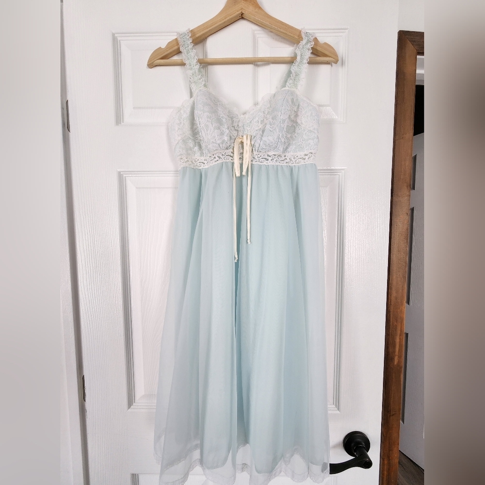 1960s Olga Light Blue Chiffon Nylon Nightgown  | Vintage 60s Babydoll Nightdress